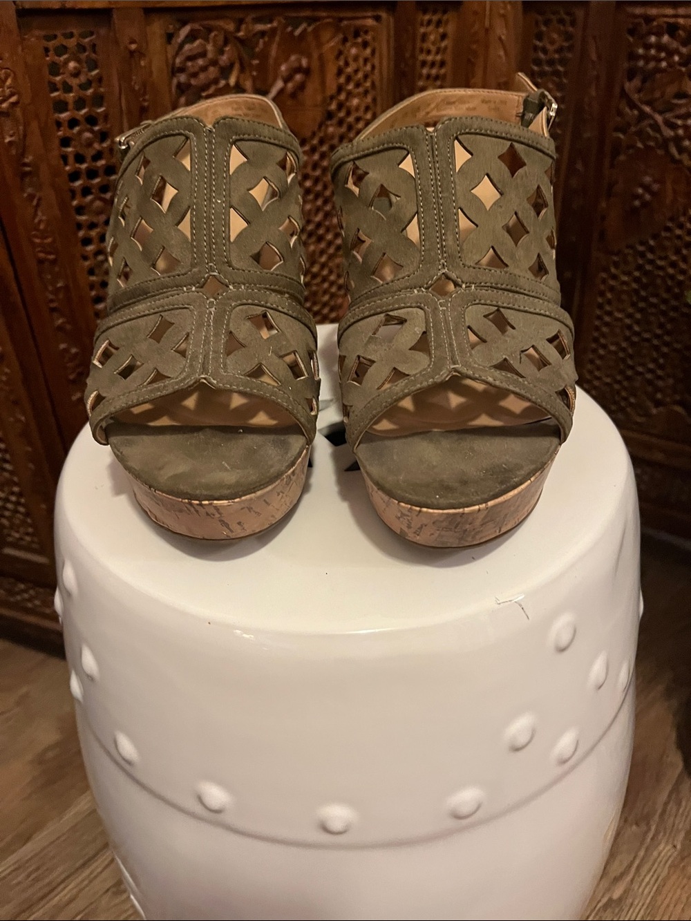 Franco Sarto Olive Green Suede Cutout Cork Wedge Sandals